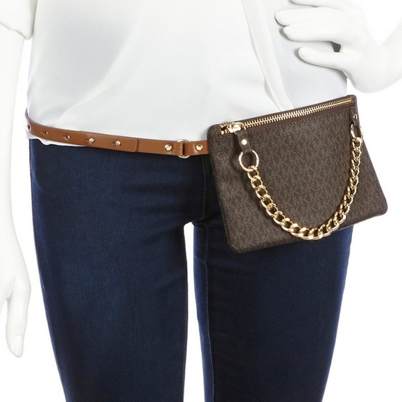 Michael Kors Handbags - Michael Kors Chocolate & Gold Logo Belt Bag, M
